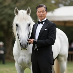 a proper white horse in a tuxedo