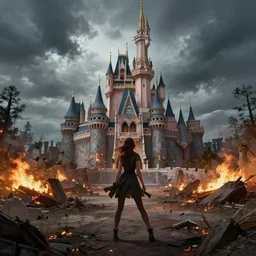 a girl in chernobyl disneyland, disneyland castle, wasteland, forest fires light, digital illustration, by android jones and greg rutkowski, dark cloudy skies, detailed, cinematic lighting, wide angle action dynamic portrait