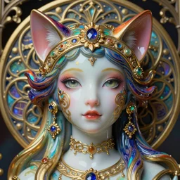 colorful face centered portrait, artwork by james jean, chiara bautista, hyperdetailed realistic smooth polished porcelain, beautiful cat queen, jean delville, art nouveau, very vibrant, ornate metal gothic icon heavy patina, joy, delicate, ultrasharp hyperdetailed photorealistic octane render, enchanting, otherworldly, whimsical, ethereal, mythology, magical, art doll