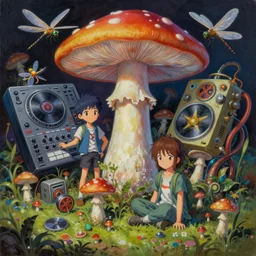 surreal gouache painting, by yoshitaka amano, by ruan jia, by Conrad roset, by good smile company, detailed anime 3d render of a  wild mushroom  Surrounded by a  magical dragonfly and a big DJ Mixer, deck,  portrait, cgsociety, artstation, rococo mechanical and Digital  and electronic, dieselpunk atmosphere