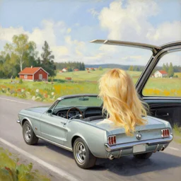 blonde driving 1 9 5 0 ford mustang, swedish countryside, freedom, scenic, beautiful, painting by vladimir volegov