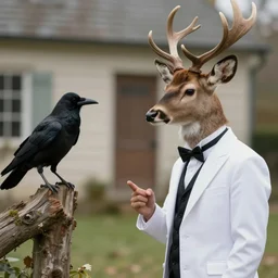 Louis the deer wearing a white formal coat conversing with a crow, hyperrealistic, concept art, octane render, trending on DeviantArt, cel shaded, highly detailed, high quality, 8K, soft lighting, cute, natural lighting, anime face, trending on Artstation, trending on e621, elegant clothes, profile picture, path traced, house background