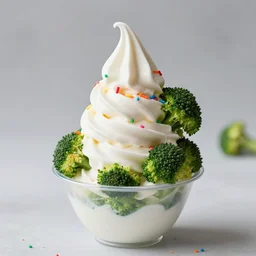 food photo still of soft serve swirled frozen yogurt topped with broccoli and rainbow sprinkles, 8 5 mm f 1. 8 studio lighting