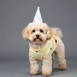 a cockapoo wearing a party hat and jumper