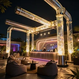 large happening cannabis chill club area with bar beanbags dj booth and interior exterior design, global illumination, radiant light, aluminum, fat tubed glass pipes pumping brightly lit liquid around the club