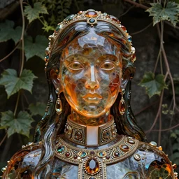 detailed portrait, cosmopolitan priestess, molten glassworks face sculpted features, doe eyes, statuesque, glass skin, fiberglass hair, high collar, opulent, encrusted, jewel, refractions, chiaroscuro, organic impressionism, vine backdrop, natural colors, octane render