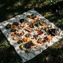 Picknick blanket filled with rotten and spoiled food, top down view
