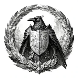 a crow knight with dragonscales, within a circle of feathered reef, attack profile angle, centered on family crest shield, coat of arms, pencil and ink, very detailed, artstation, mysterious, mythical, greek mythology, norse mythology, full frame, dramatic shading, on white background, white border, jonathan pointer, janie penny,