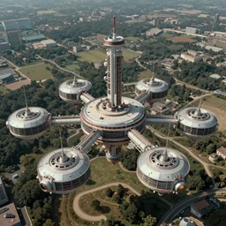 an aerial view of a space colony. style: retro futurism