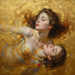abstract oil matte portrait painting, women infused and swimming in a golden liquid partially covered, red dollops, blue strains, detailed faces, wonderful masterpiece, highly detailed, beautiful cinematic light, deep focus, elegant, smooth, sharp focus, golden ratio, dramatic illumination, ultra realistic, 8 k, art by greg rutkowski, nathan law and caravaggio