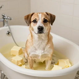dog sitting inside a tub of butter