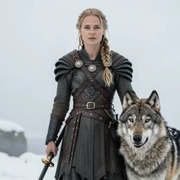 a gorgeous!! woman resembling alicia vikander as a battle - worn viking warrior accompanied by a dire wolf | drawn by wlop, drawn by jeehyung lee, drawn by argerm | intricate, highly detailed, ultra graphics, digital painting, artstation