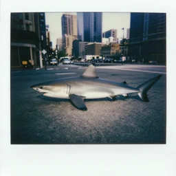 real image of shark lying in big city, polaroid color photograph