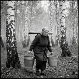 a movie still by tarkovsky of an elder woman carrying water bucket in a birch forest, cinestill 8 0 0 t 3 5 mm b & w, heavy grain, high quality, noir, natural textures, photorealistic, natural textures, ambient occlusion, hd, fog, criterion collection