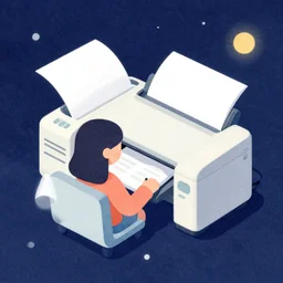 an isometric watercolor illustration of a girl with an old printer in space, flat synthwave art style