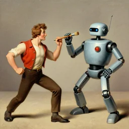an artist fighting a robot with a paintbrush, classic art