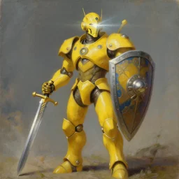 yellow humanoid android character with an iron paladin sword and a huge ornate shield, with a light beaming from his eye, by Roger Dean, by Anton Fadeev, by albert bierstadt, magical realism, oil on canvas, soft render, octane, artstation