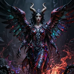 ultra realistic, beautiful angel with horns and wings and a cloak made of symbiote venom oil by peter mohrbacher, art nouveau, demonic energy, cinematic, dramatic lighting, dark, satanic horror, extremly detailed, insanely detailed and intricate, high detail, colorful by art of sickness 6 6 6