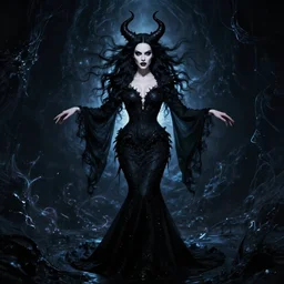 style of kelly mckernan, artgerm : : gorgeous willa holland : : evil witch, swirling black magic, black dress : : symmetrical face, symmetrical eyes : : full body pose : : gorgeous black hair : : magic lighting, low spacial lighting : :