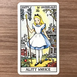 happy Alice in wonderland tarot card , pen and ink, intricate line drawings, by Yoshitaka Amano, Ruan Jia, Kentaro Miura, Artgerm, watercolor