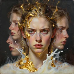 3 d, close - up, boiling liquid gold and milk water, frown fashion model, poster art, high detail, intricate oil painting, multiple exposure, hell mood, hyperrealism, 3 d, by tooth wu and wlop and beeple and greg rutkowski