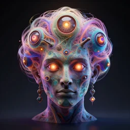 a multicolor fractal head god with multiple glowing eyes by alex gray and android jones, concept art, octane render, 8 k, unreal engine