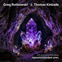 A dark cave illuminated by large glowing violet crystal shards and veins, by greg rutkowski and thomas kinkade, ambient light, ultra detailed, 8k, trending on artstation, award winning, beautiful!!!!!! scenery