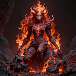 a highly detailed full body of mythical female creature made of volcanic lava stones and magma with long hair of flames and beautiful eyes, red veins, intricate details, surreal, magical,