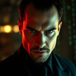 pulp fiction portrait digital colored photo of matrix agent smith, sharp focus, cinematic lighting, sharp focus, 4 k close up photo by lexi sun