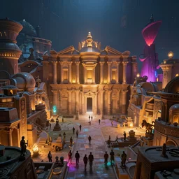 the ancient city of atlantis with inhabitants, in the style of lebbeus woods, ultra realistic, atmosphere glow, detailed intricate, colorful, cinematic lighting, unreal engine, god lighting