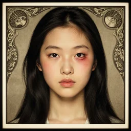 a portrait of an Asian girl with scar over her eye. By Geoffroy Thoorens and JC Leyendecker.