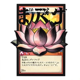 stylized drawing black lotus with bold typography japanese design, colorful collectible card game in the style of designers republic