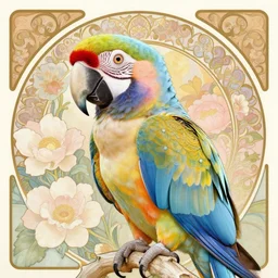 hyperrealistic detailed portrait of a multicolored smiling parrot, with flowers, soft pastel colors, art by ernst haeckel, john william godward, alphons mucha, pontormo, ornamental, decorative, art nouveau pattern