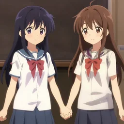 stylized anime visual novel characters, lighting, cute, holding hands, friends, shaded