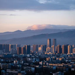 landscape photography, metropolitan city, cold lighting, morning hour, mountains, clouds, beautiful, kodachrome, 4 k, hd