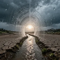beautiful photograph of a vertical tunnel made of raindrops, between a dried up river and the sun, highly-detailed, fantastic, dramatic lighting, artstation, 4k