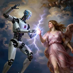 a godly robot and a human girl touch, exchanging lightning of beautiful energy, angelic clouds in the background, cinematic, inspired by the creation of adam by michelangelo, creazione di adamo in style of josef capek