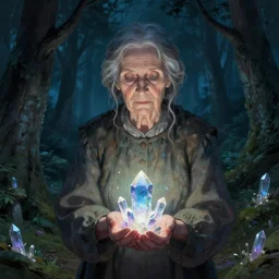 An old woman offers magical crystals in a dense forest at night by greg rutkowski and thomas kinkade, trending on artstation, 4k
