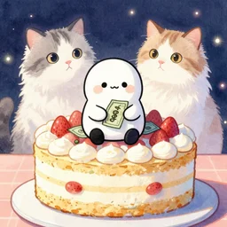 paymoneywubby sitting on a large cake, fluffy cat in background, neon aesthetic, watercolor