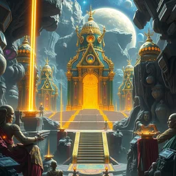 lush utopian galactic civilization, highly detailed temples made of gemstones and gold, gold relics, digital painting, artstation, futuristic poster scifi, lasers and neon circuits, sharp focus, illustration, 8 k, highly detailed