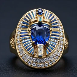 highly detailed photo of an egyptian ring with blue rock diamond, super detailed and decorated, 8 5 mm sigma art lens