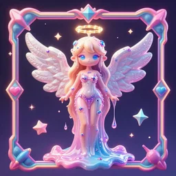 angel in disguise, slimy slime drenched skinny divine holy androgynous being of glitter glue, pastel cute slime, 3 d polygon ui of neon ornamental rococo frames, maximalist decora sanrio pixiv pixar concept art