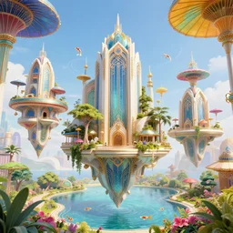 joyful opulent futuristic art deco city sunny day floating buildings colorful parasols koi trees flowers park with pond clear focus clean lines art deco architecture fantasy by ross tran greg rutkowski beautiful intricate elegant highly detailed artstation octane render concept art photorealistic