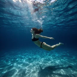 one beautiful female swimming alone in a deep trench , looking toward the sun rays and caustics, film , cinematic, underwater photography