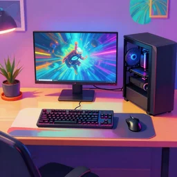 a modern desk with gaming pc and gaming mouse and gaming keyboard, hyper realistic concept art, colorful, retro style, highly detailed, centered, digital painting