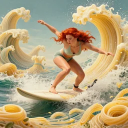 close up of a beautiful ginger surfer, surfing on a surfboard in a sea of pasta, art nouveau, fantasy, intricate pasta waves, elegant, highly detailed, sharp focus, action sports photography