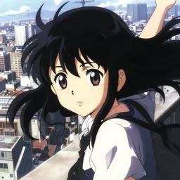 anime visual, portrait of a black haired girl sightseeing above the city, cute face by yoh yoshinari, katsura masakazu, dramatic lighting, dynamic pose, dynamic perspective, strong silhouette, ilya kuvshinov, anime cels, rounded eyes, detailed facial features, bright daylight
