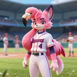 beautiful portrait of a female anthropomorphic flamingo fursona wearing a baseball uniform. baseball stadium backgroundd. character design by disney, charlie bowater, ross tran, artgerm, and makoto shinkai, detailed, soft lighting, rendered in octane