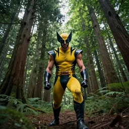 Wolverine at japan forest, Greg Rutkowski, trending on Artstation, 8K, ultra wide angle, establishing shot, pincushion lens effect, zenith view