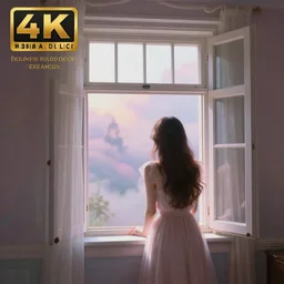 ( a house made of dreams has a window that overlooks other universes, a woman from the back looks through the window ) by noah bradley, photorealistic, dynamic lighting, beautiful, trending on artstation, wallpaper, dream, 4 k, award winning, lovely pastel colors, ethereal, elegant